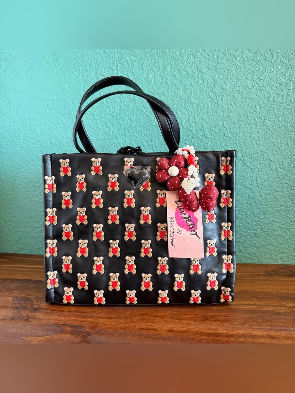 Luv by Betsey Small Black Satchel with Red Teddy-Print and Charms